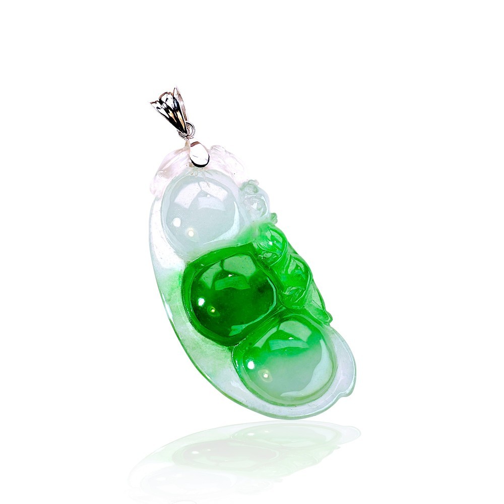 Imperial Green Jade Pea Pod Pendant in 14K White Gold