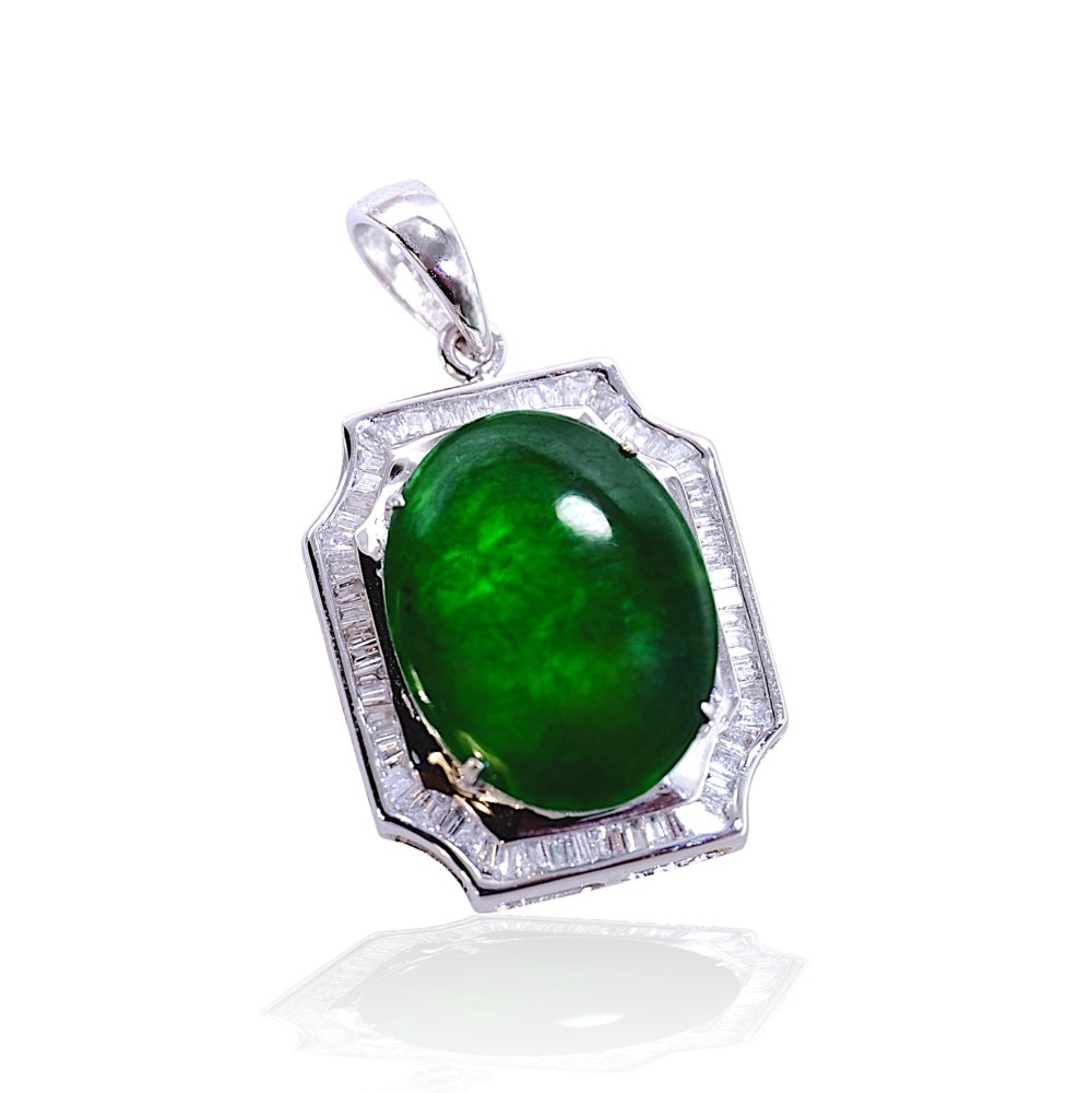Solid 18K White Gold Imperial Green Jade Pendant with Diamond Halo