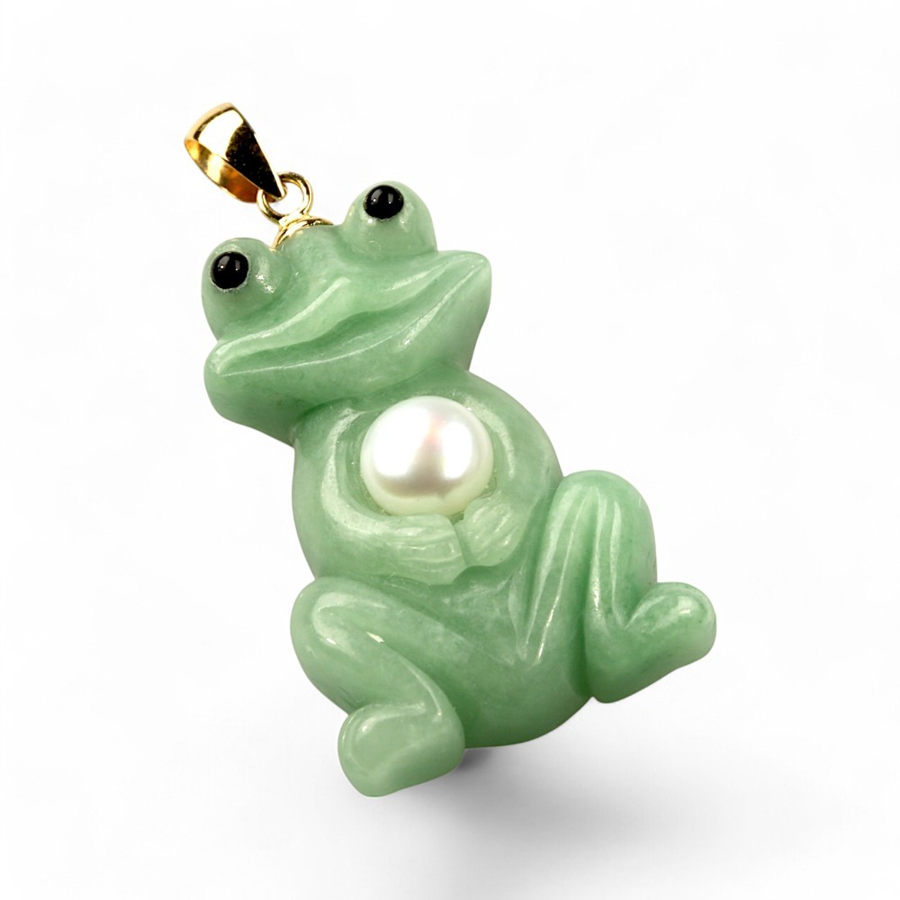 14K Gold Green Jade Frog Pendant with Pearl