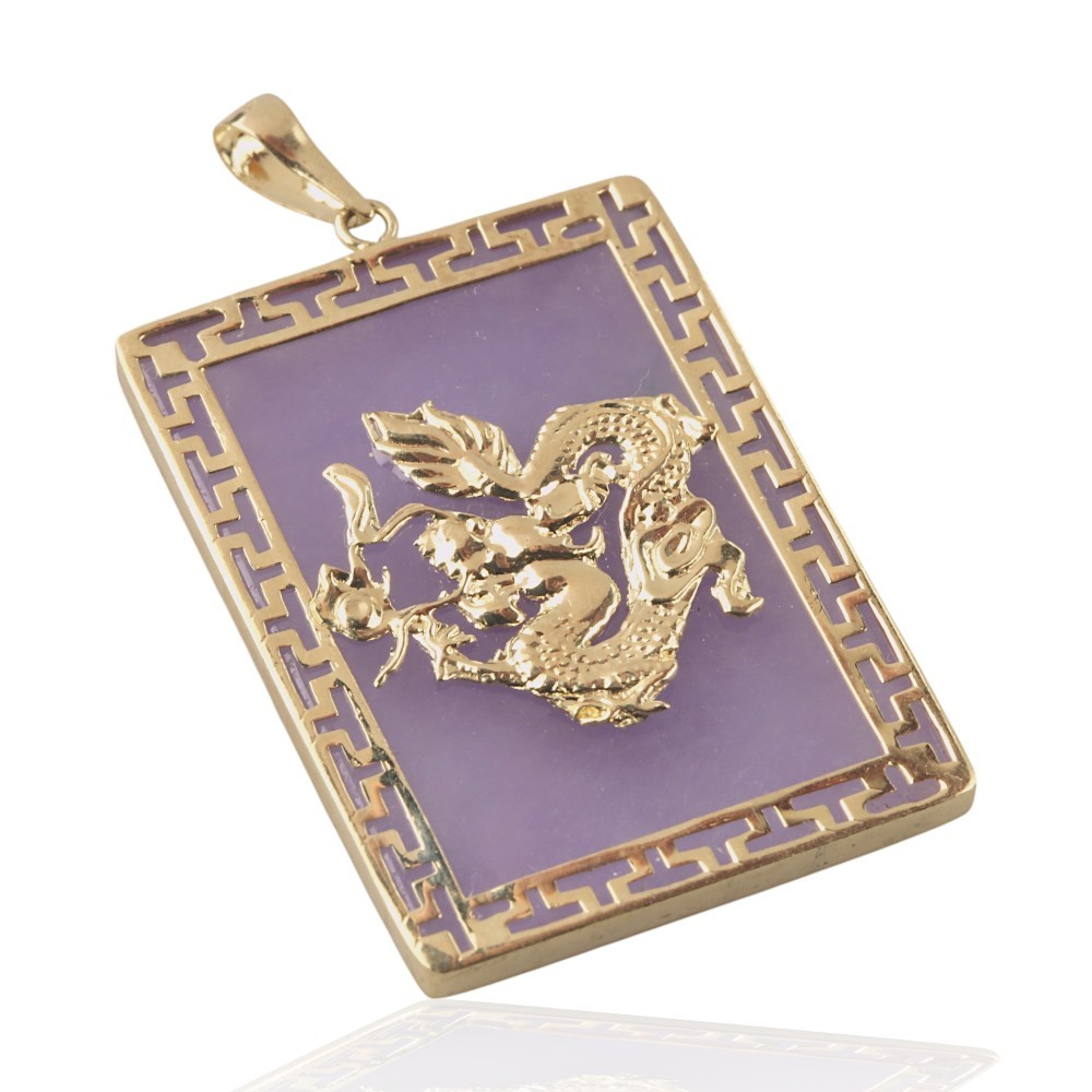Solid 14K Gold Lavender Jade Dragon Rectangle Pendant