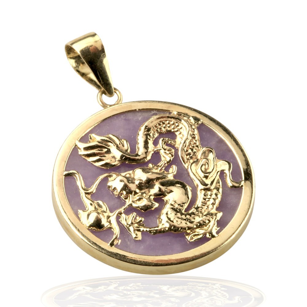 Solid 14K Gold Lavender Jade Dragon Disc Pendant