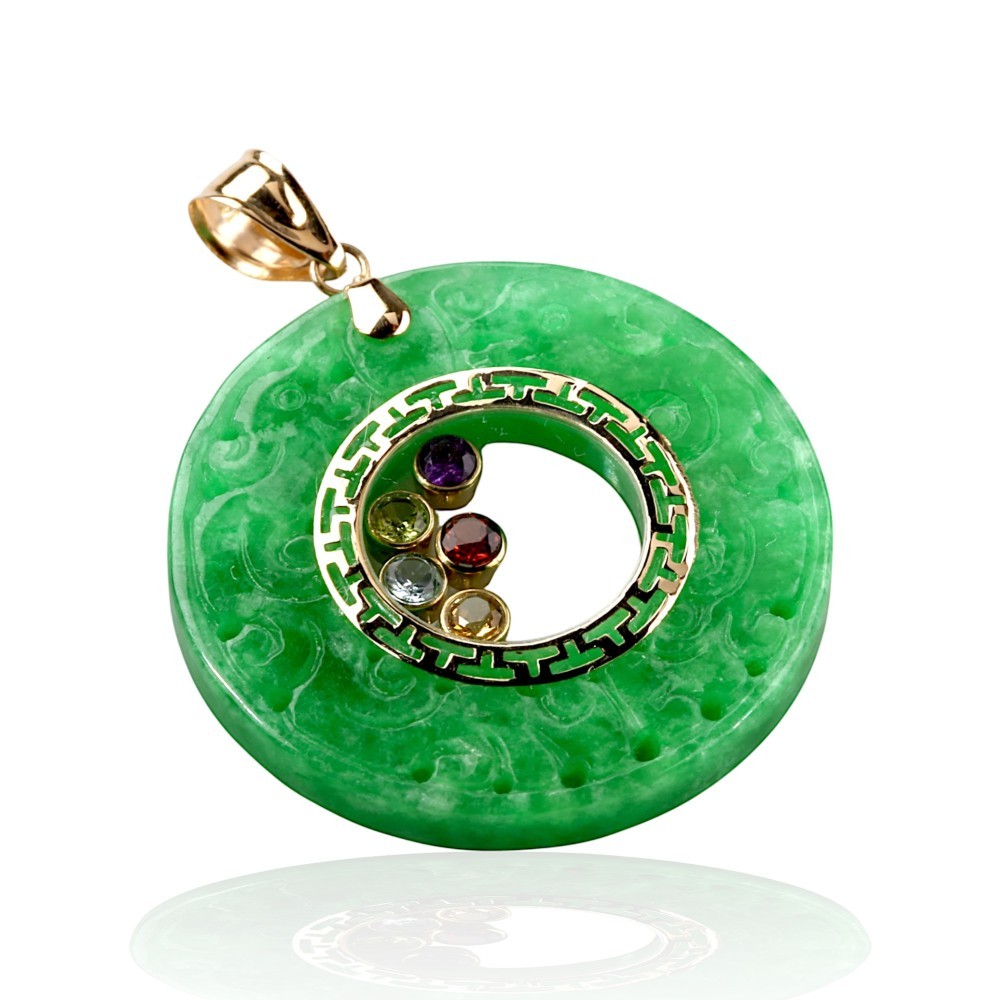 Solid 14K Yellow Gold Carved Green Jade Disc Pendant