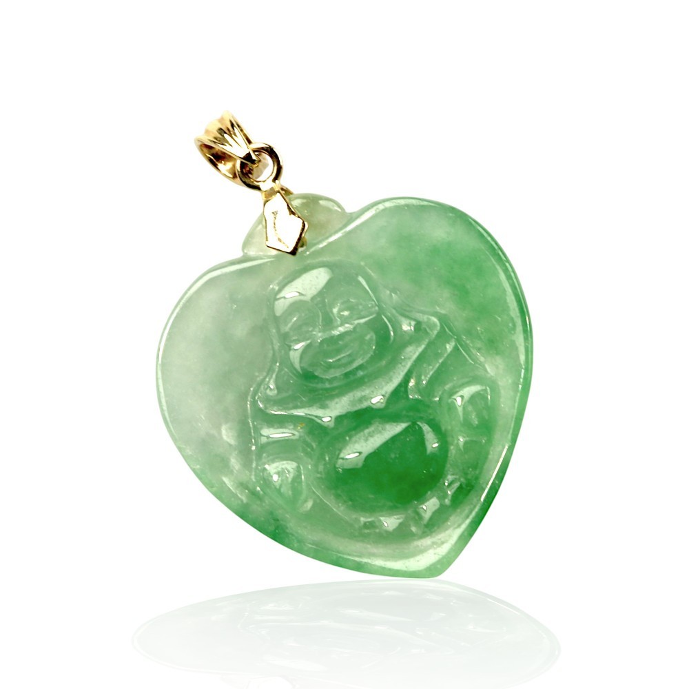 Solid 14K Gold Green Jade Buddha Heart Pendant