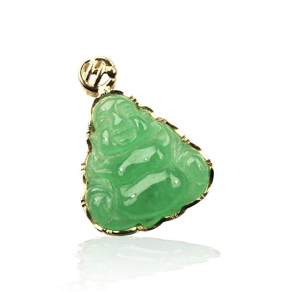 Solid 14K Gold Carved Laughing Buddha Green Jade Pendant
