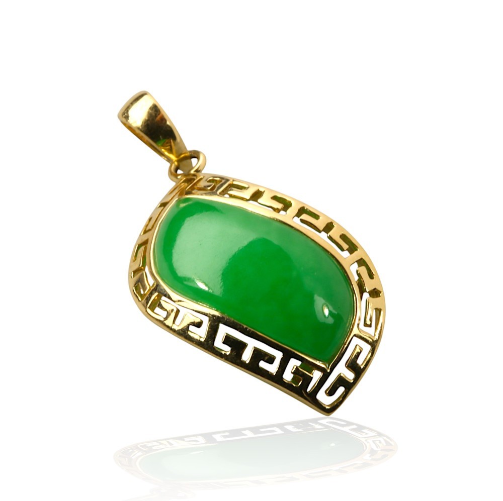 Solid 14K Yellow Gold Green Jade Marquise Pendant