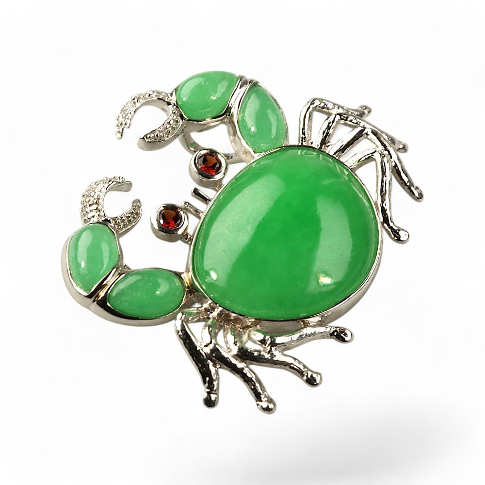 Sterling Silver Green Jade Crab Pendant with Garnet Accents