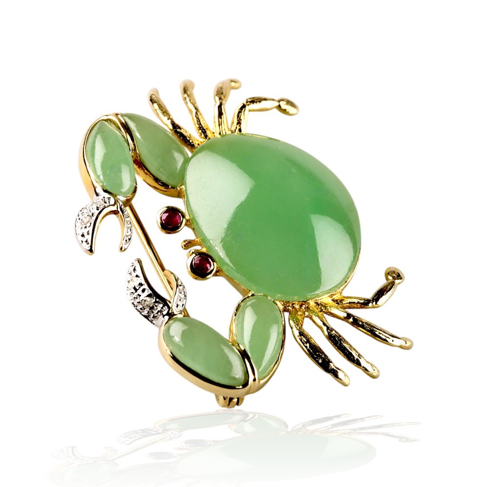 Solid 14K Yellow Gold Green Jade Crab Pin Pendant