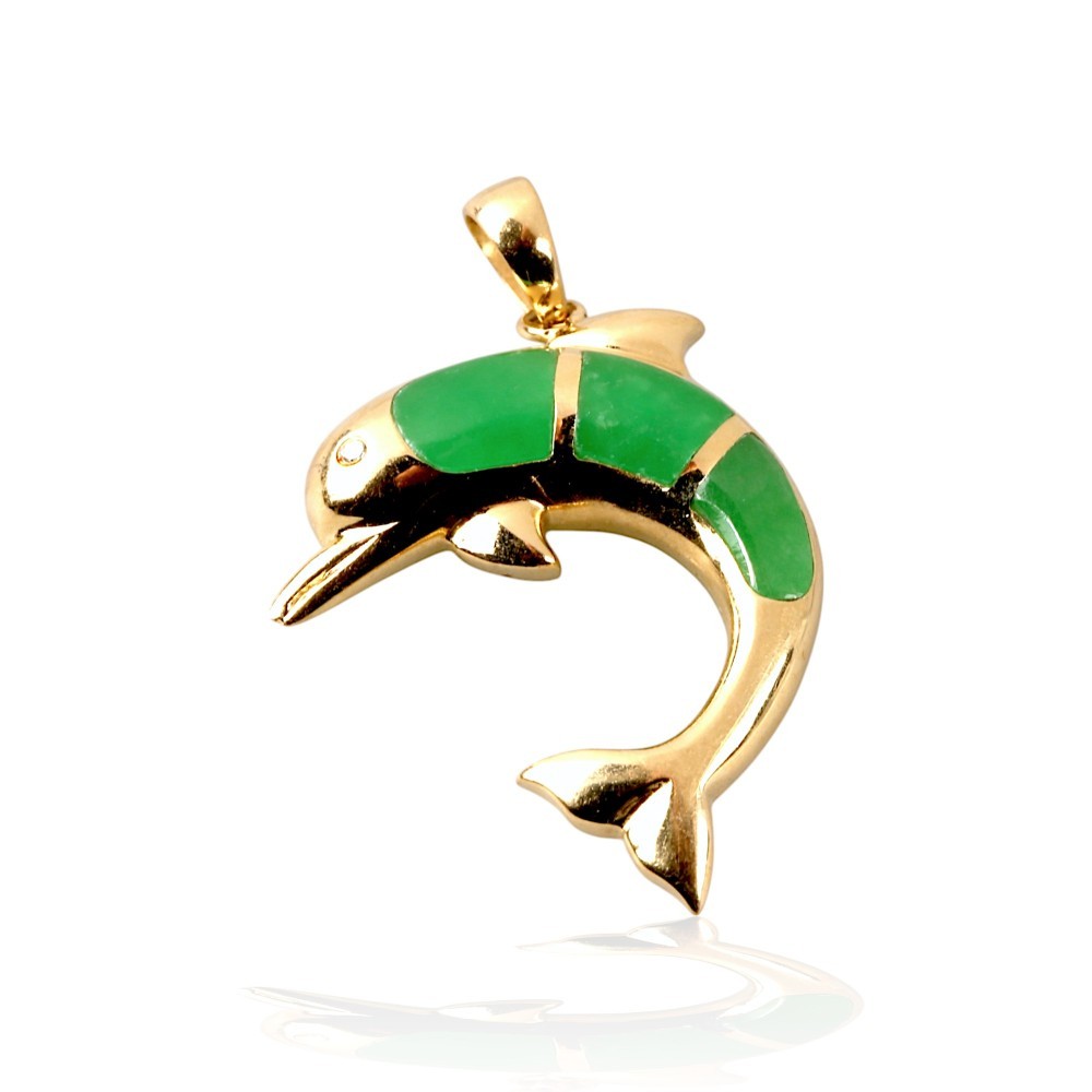 14K gold green jade dolphin pendant with dolphin design