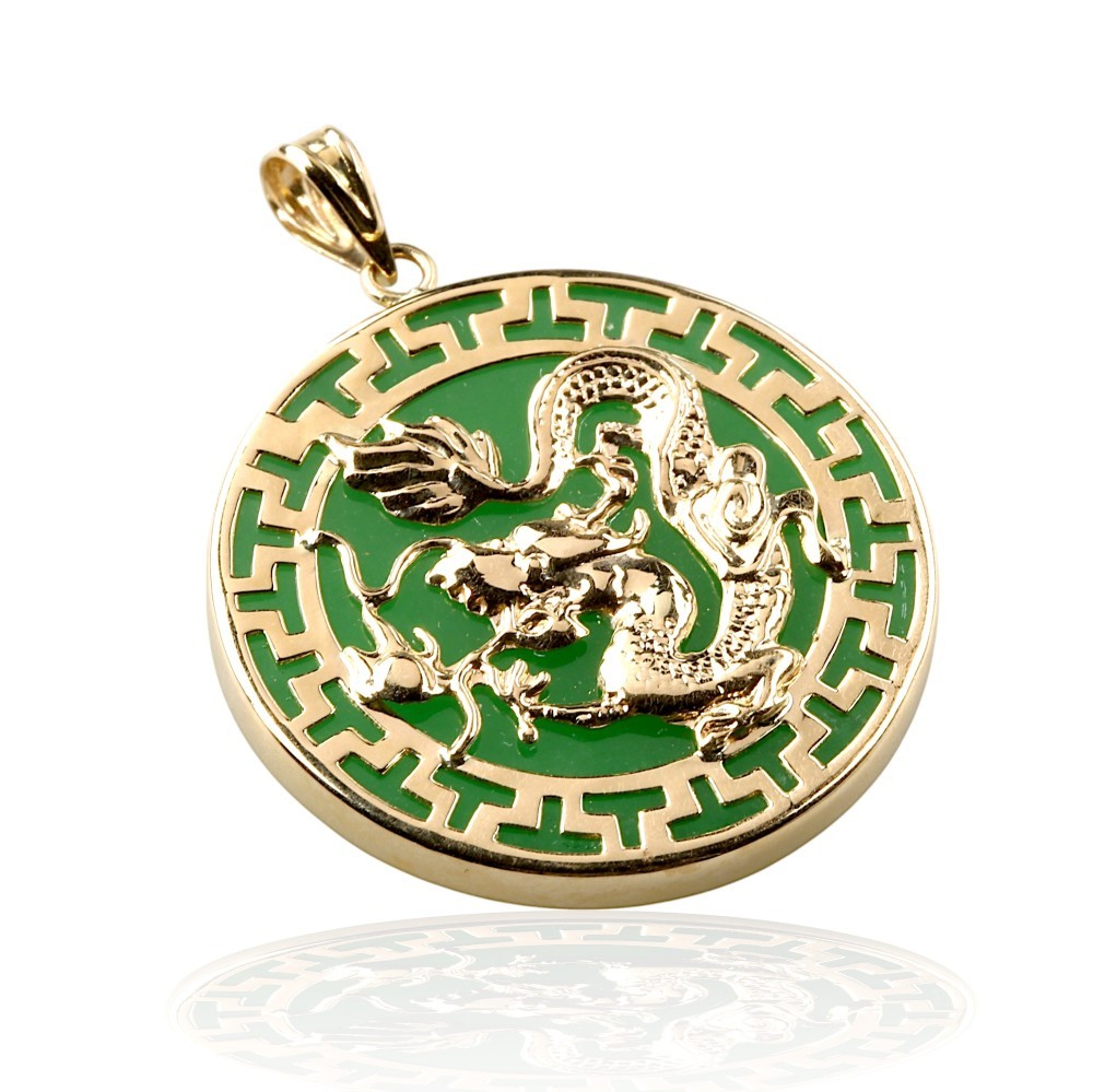 Solid 14K Yellow Gold Green Jade Dragon Pendant