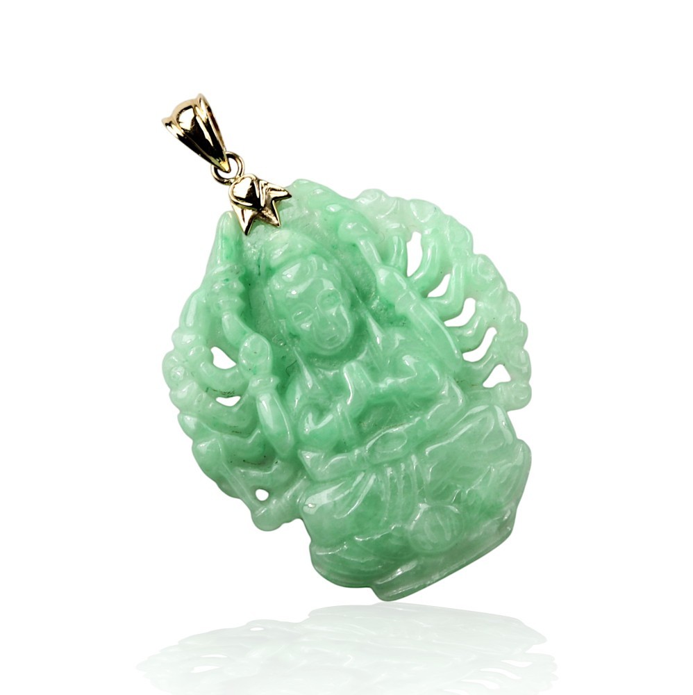 Solid 14K Gold Thousand Hand Guan Yin Green Jade Pendant