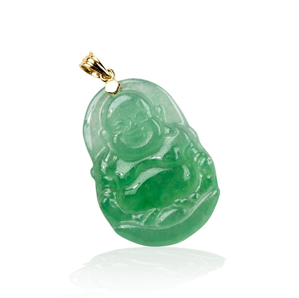 Solid 14K Gold Green Jade Happy Buddha Pendant