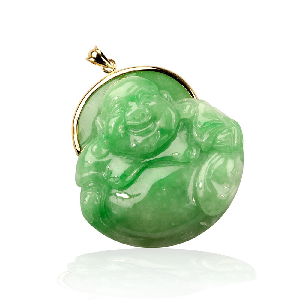 Solid 14K Gold Carved Laughing Buddha Green Jade Pendant