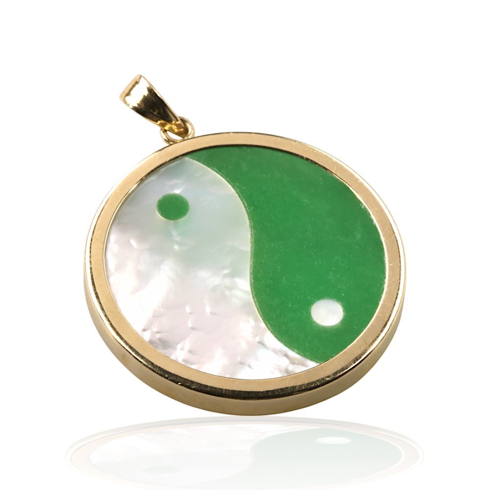 Solid 14K Yellow Gold Green Jade Yin Yang Pendant