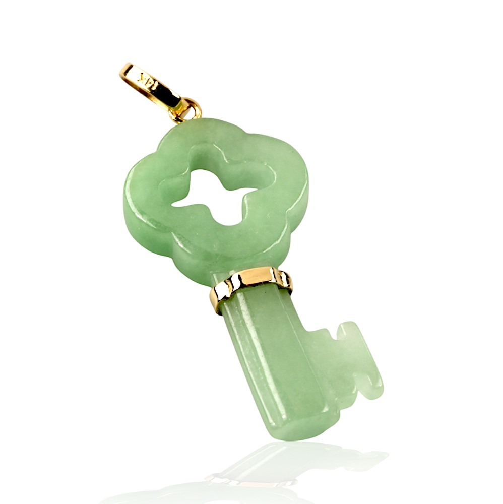 Solid 14K Yellow Gold Green Jade Key Pendant