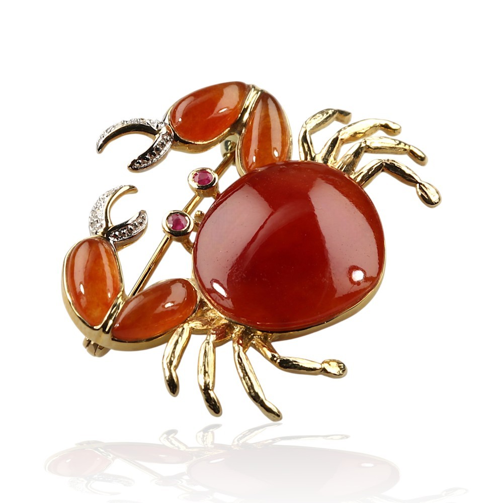 Solid 14K Gold Red Jade Crab Pin and Pendant