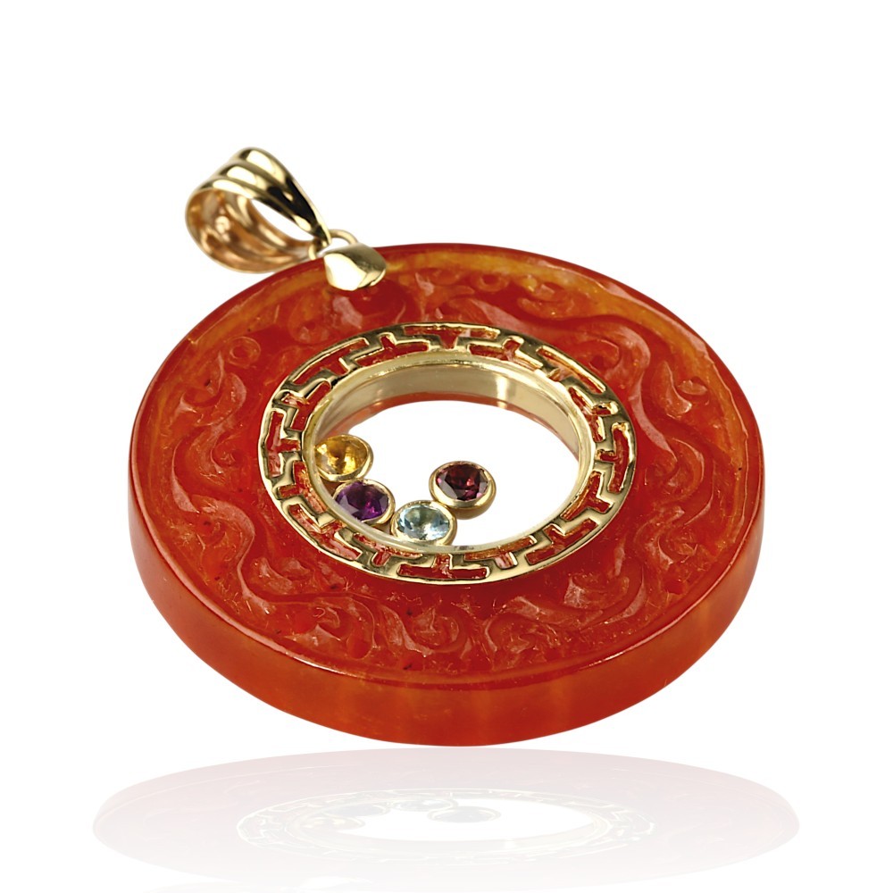 Solid 14K Gold Red Jade Donut Pendant with Multi-Color Stones