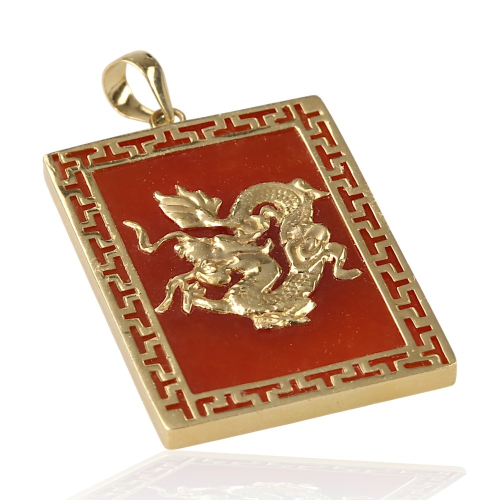 Solid 14K gold rectangular red jade dragon pendant