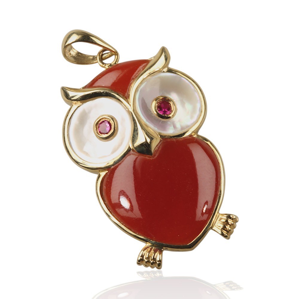 Solid 14K Gold Red Jade Owl Pendant with Ruby Eyes