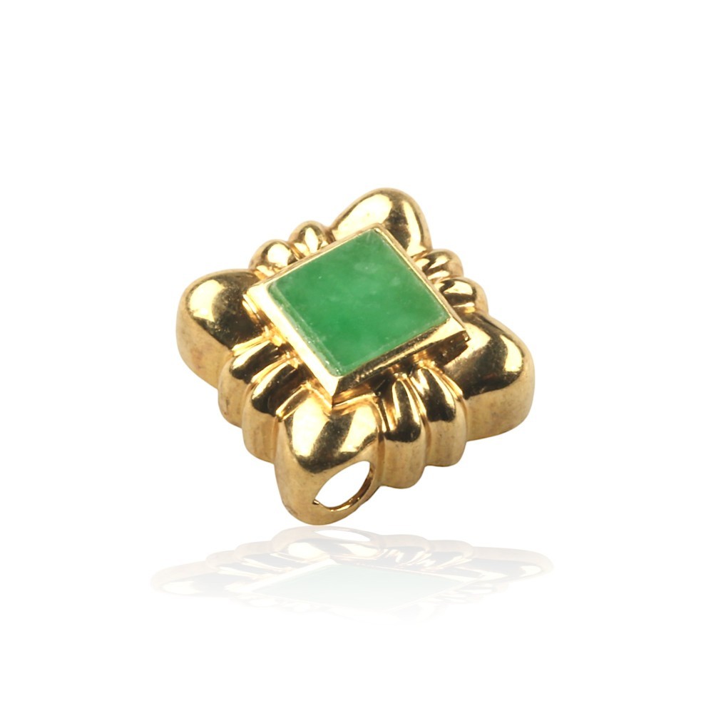 Solid 14K Yellow Gold Square Green Jade Pendant