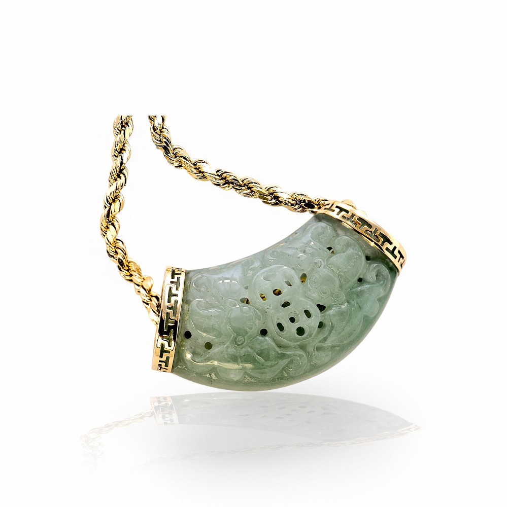 14K Gold Imperial Green Jade Fish & Coin Barrel Pendant
