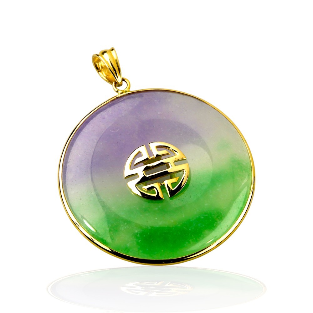 Solid 14K Gold Green & Lavender Jade Donut Pendant