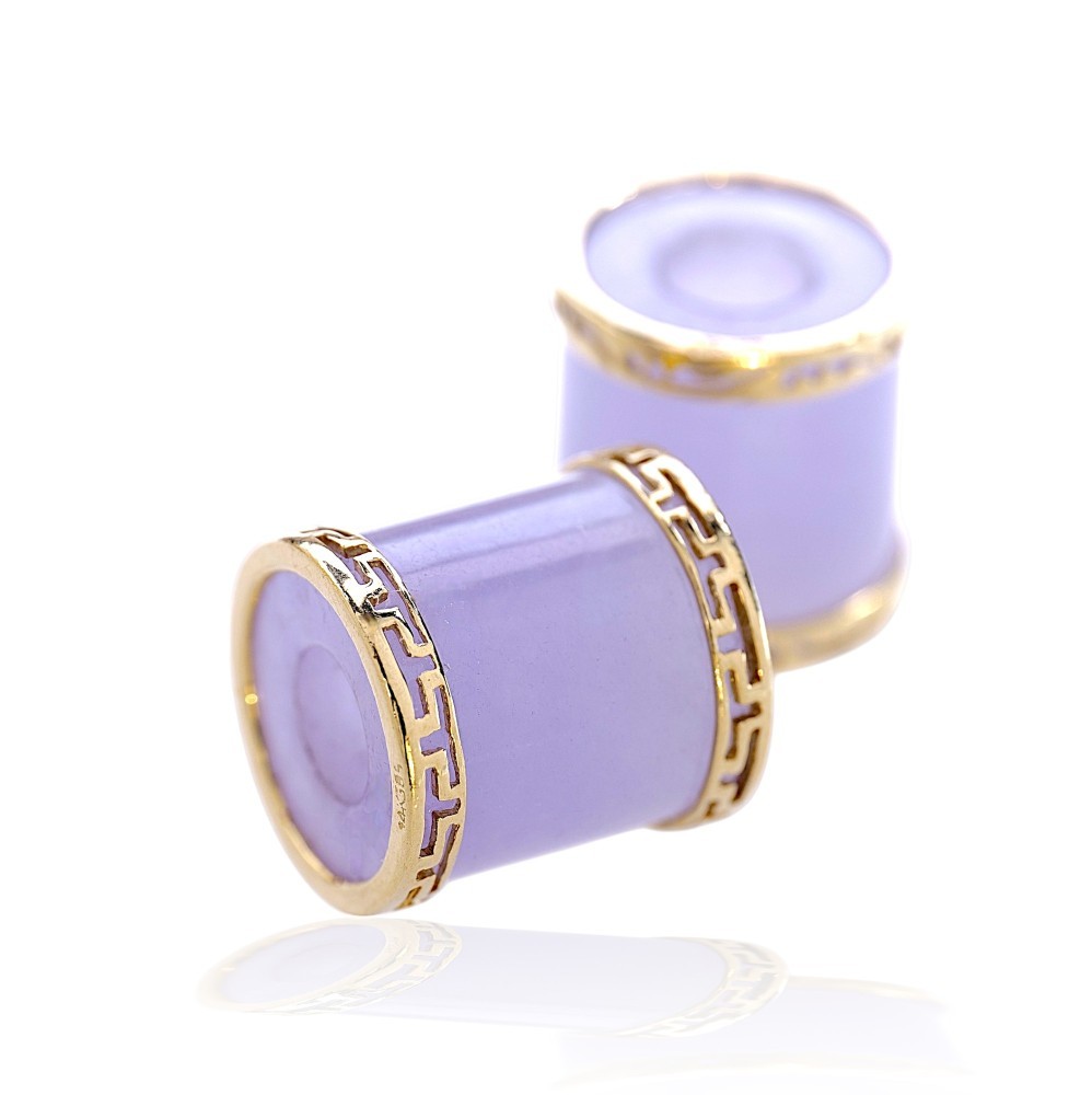 Solid 14K Gold Lavender Jade Barrel Earrings Greek Key Design