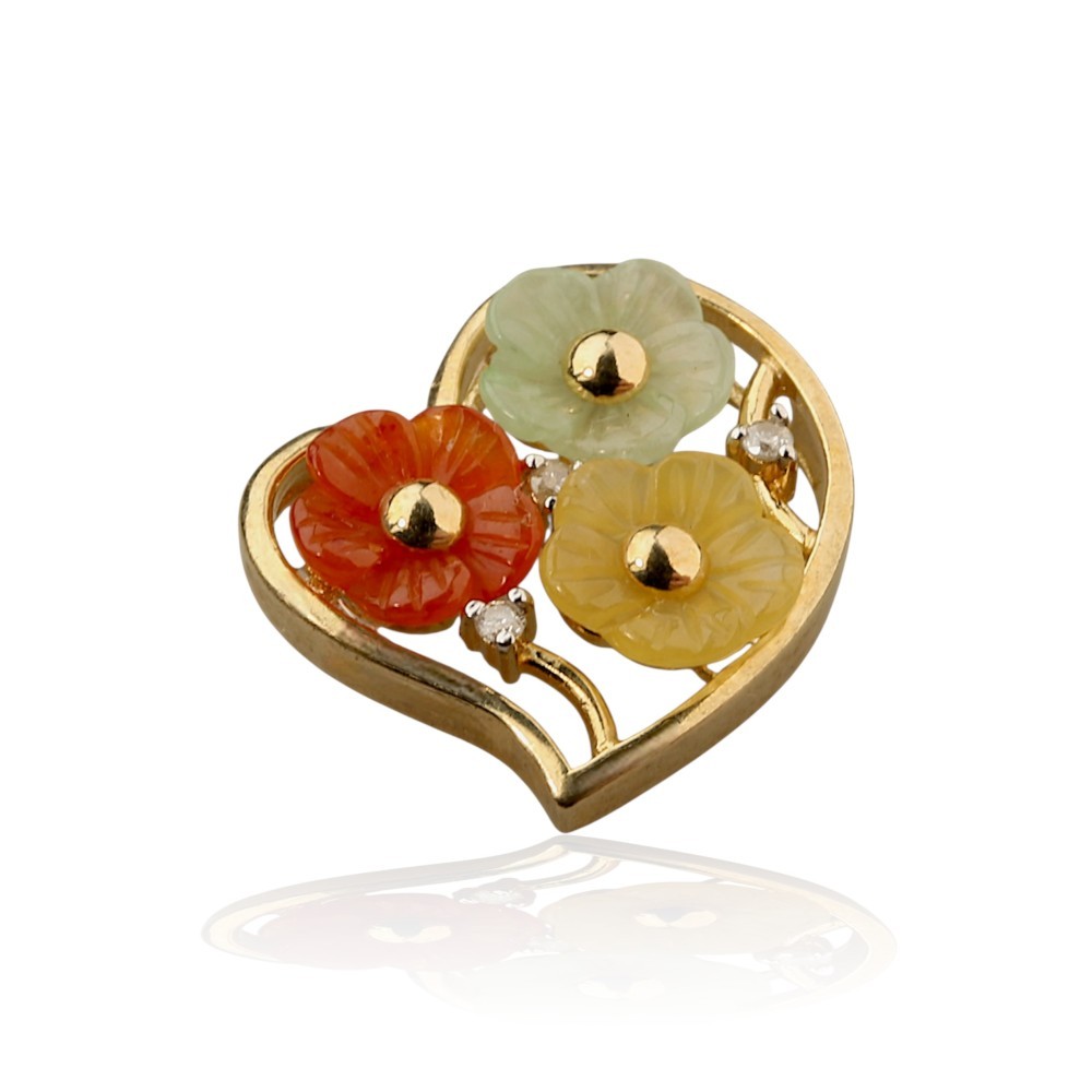 Solid 14K Gold Multi-Color Jade Flower Heart Pendant