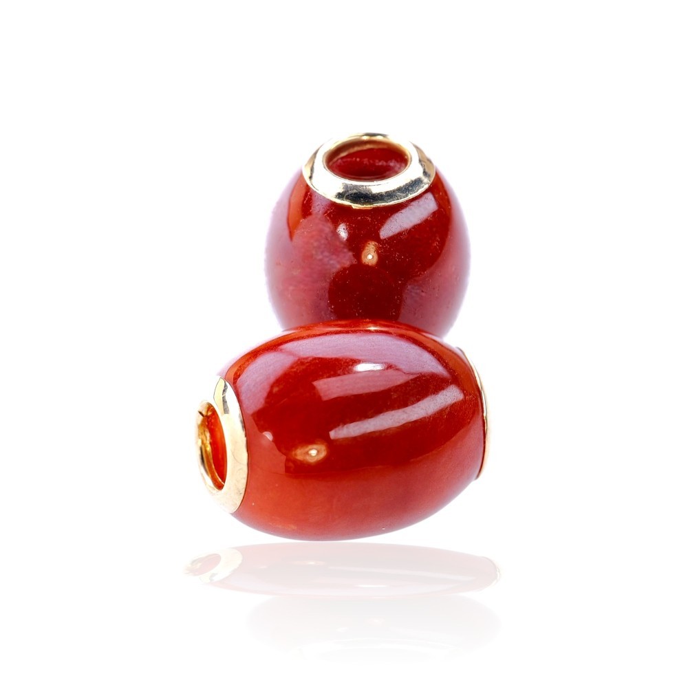 Polished red jade barrel beads in solid 14K gold with smooth finish