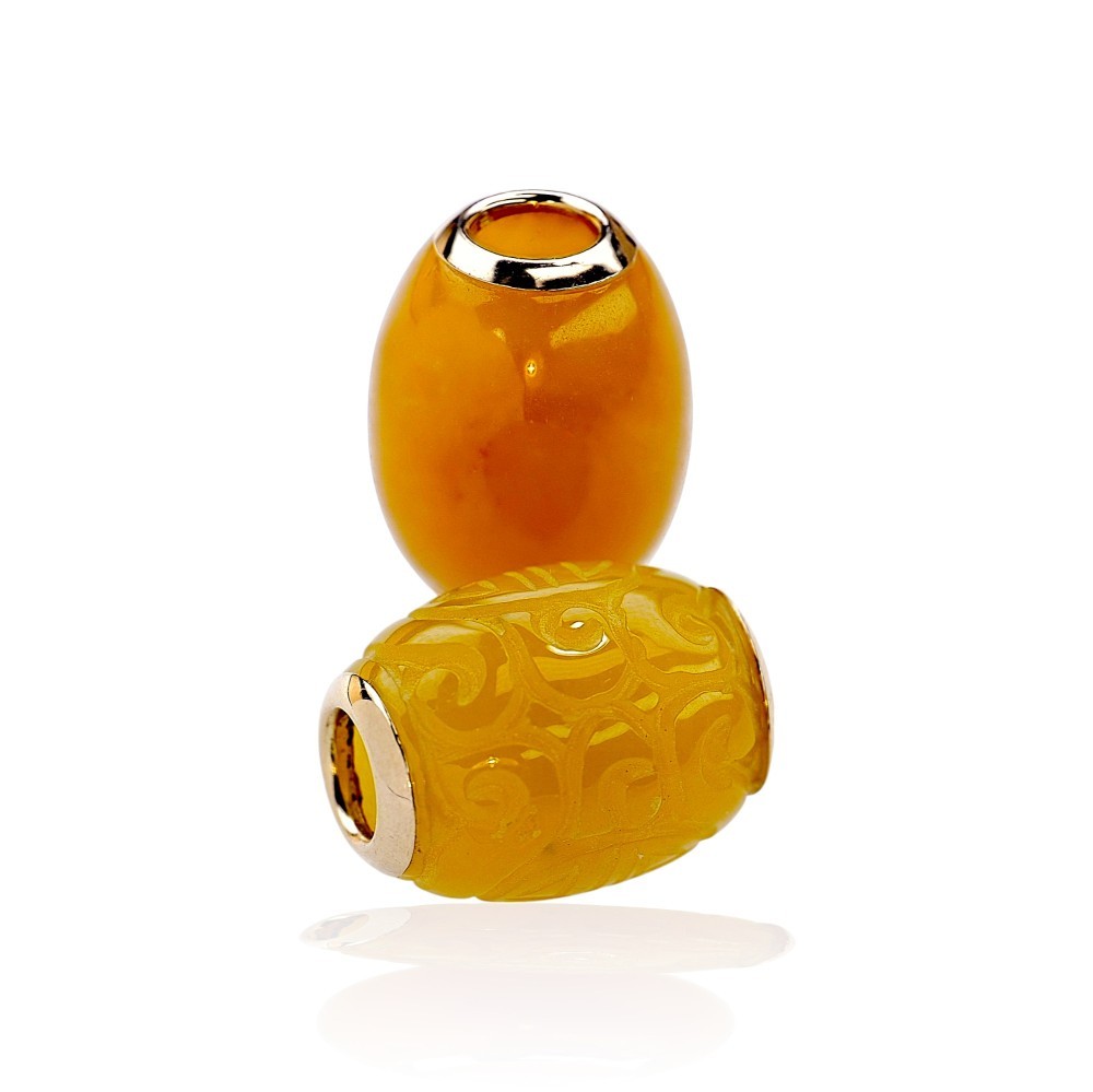 Carved yellow jade barrel beads in solid 14K gold with polished design