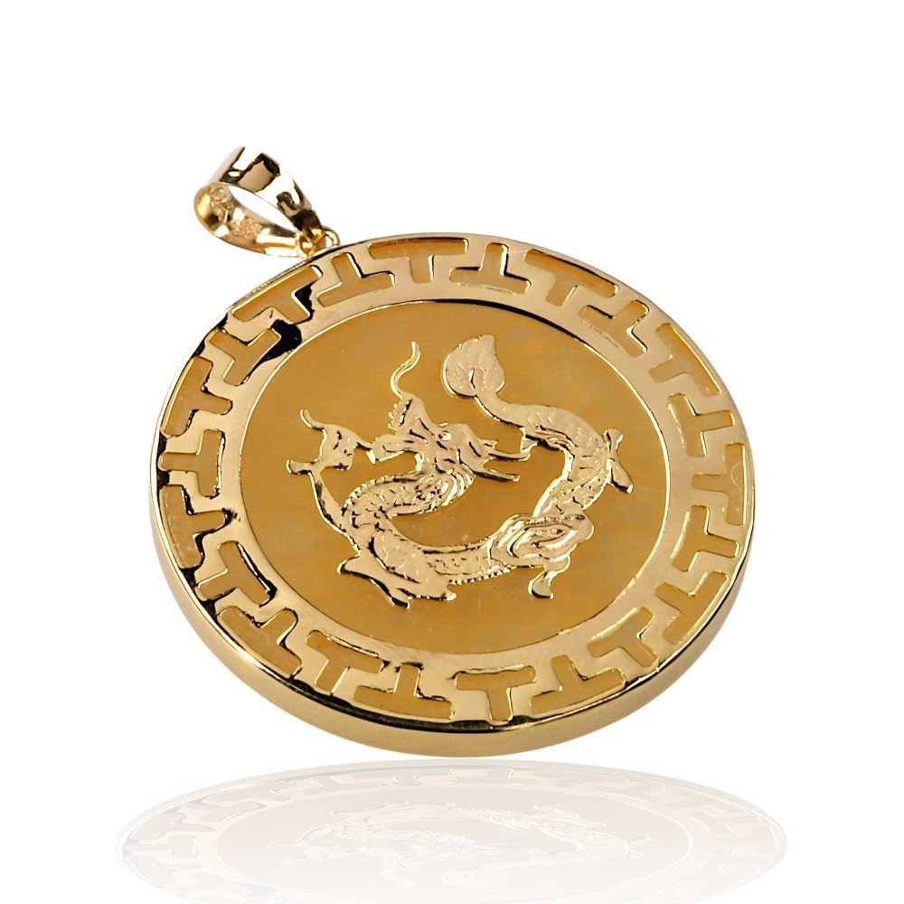 Solid 14K Gold Yellow Jade Dragon Disc Pendant Greek Key Design