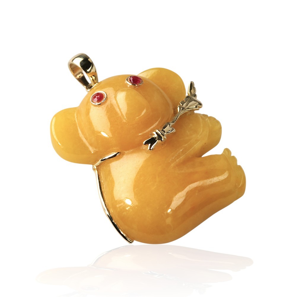 Solid 14K Gold Yellow Jade Teddy Bear Pendant with Ruby Eyes