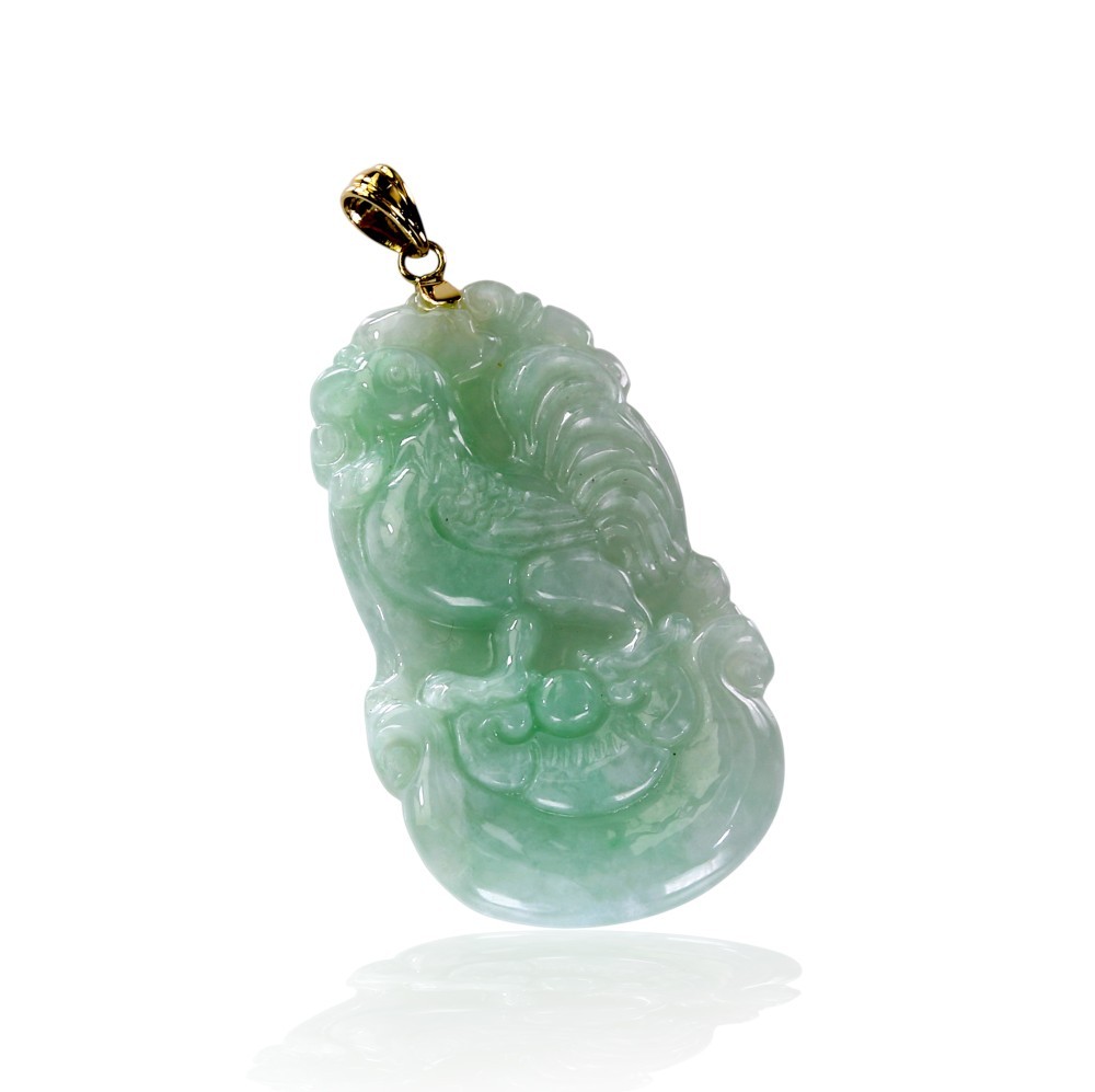 Solid 14K Gold Rooster Zodiac Jade Pendant