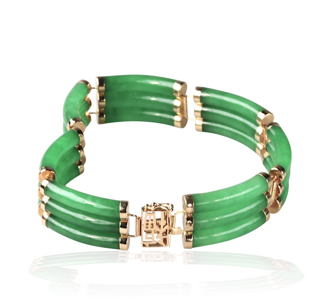 14K Solid Gold Green Jade Tubular Bracelet