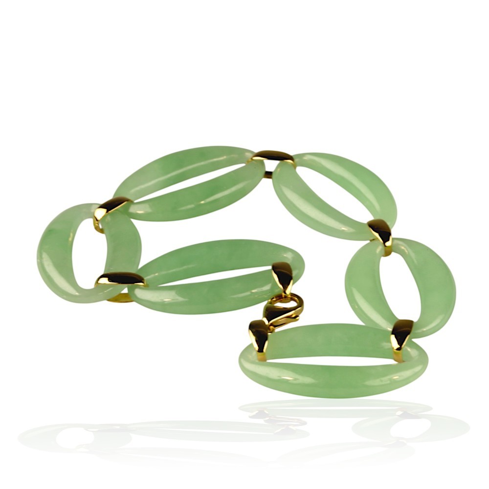 14K Solid Gold Green Jade Oval Segment Link Bracelet