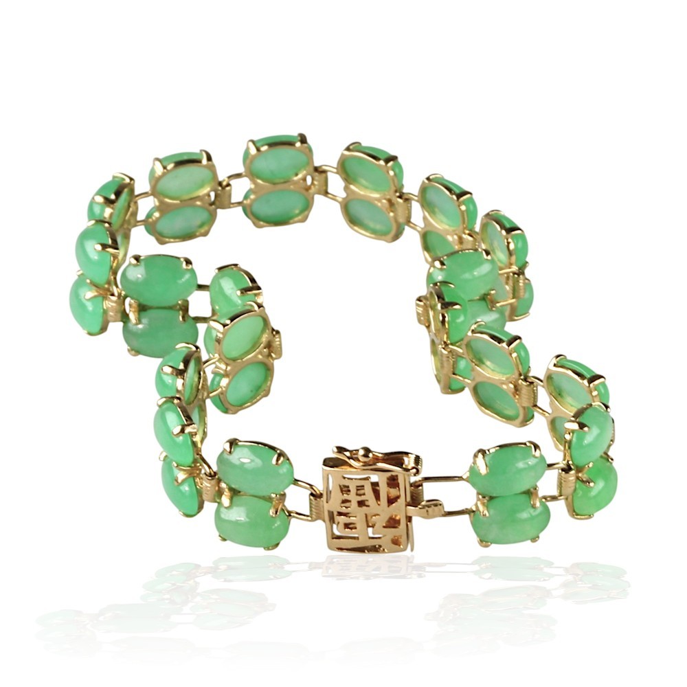 14K Solid Gold Green Jade Cabochon Bracelet