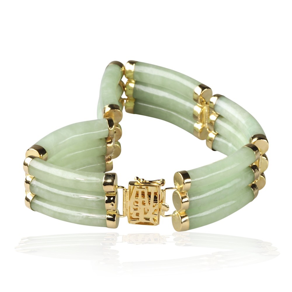 14K Solid Gold Light Green Jade Tubular Bracelet