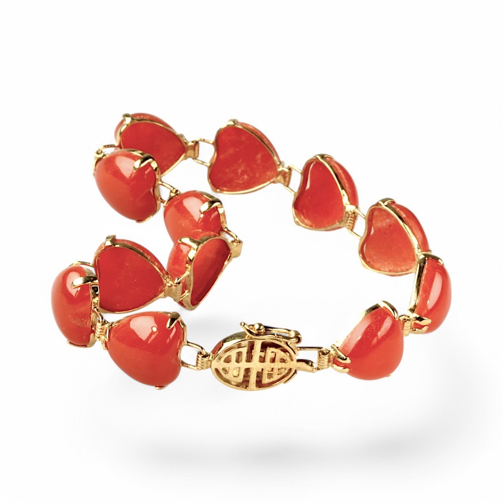 14K Solid Gold Red Jade Heart Bracelet