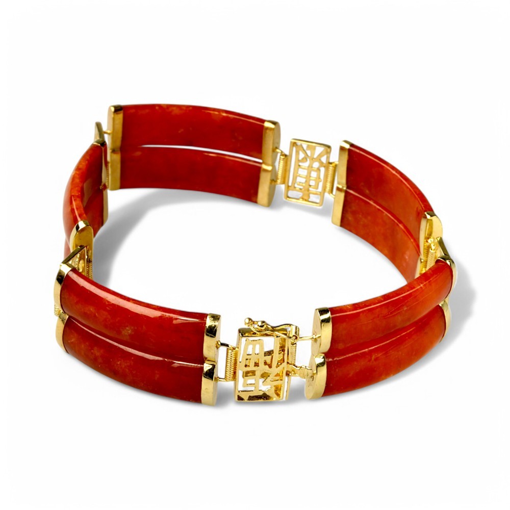 14K Solid Gold Red Jade Segments Bracelet