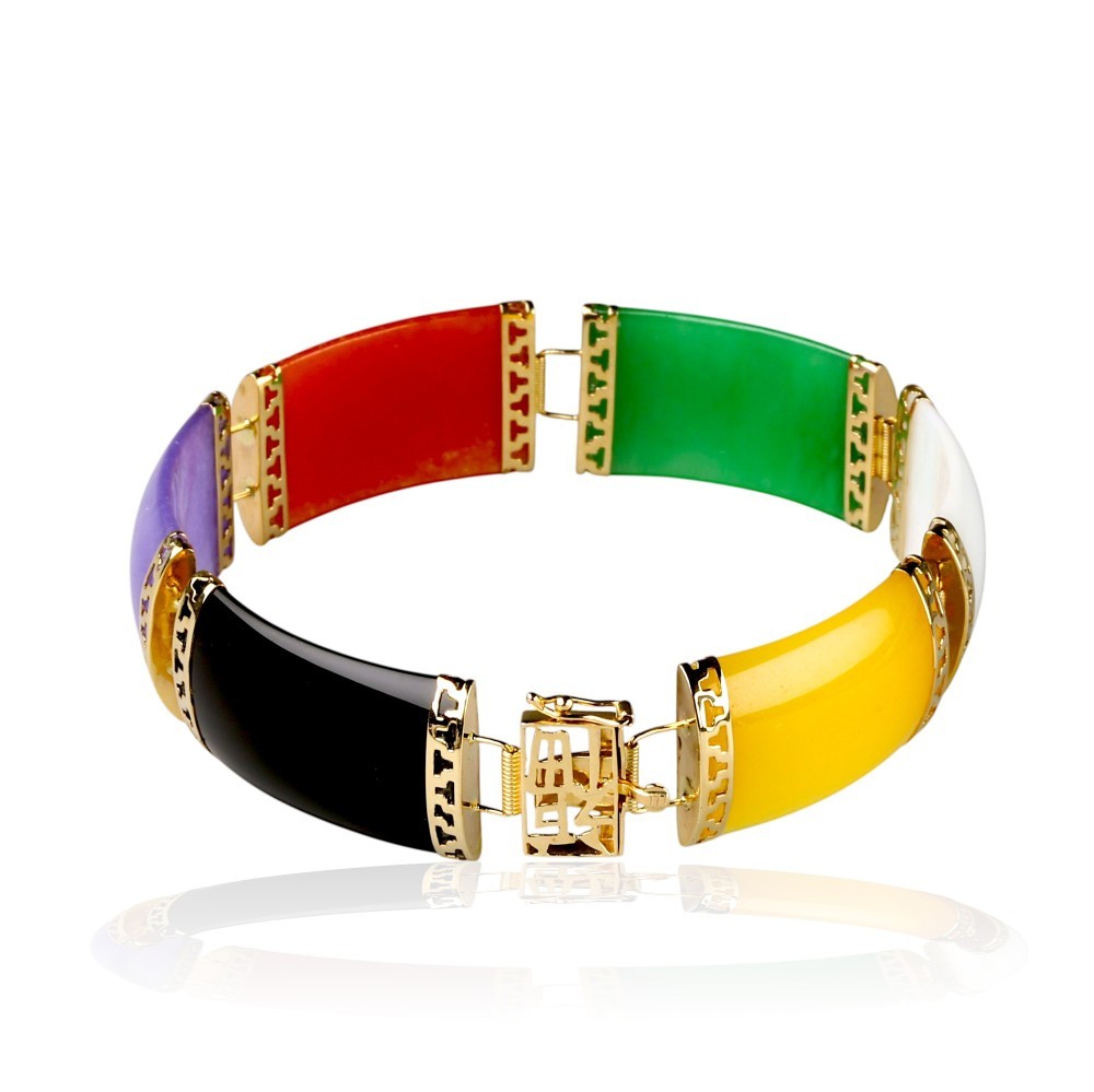 14K Solid Gold Multi-Color Jade Tubular Bracelet