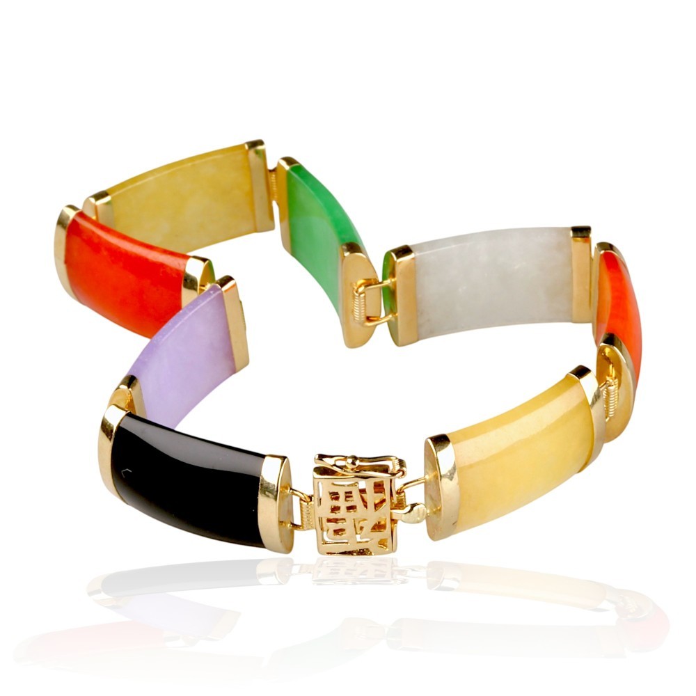 14K Solid Gold Multi-Color Jade Segment Bracelet