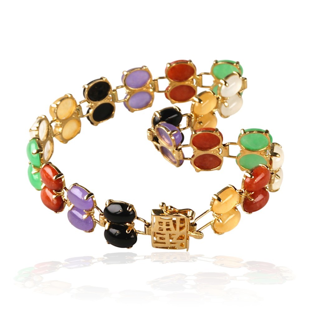 14K Solid Gold Multi-Color Jade Cabochon Bracelet
