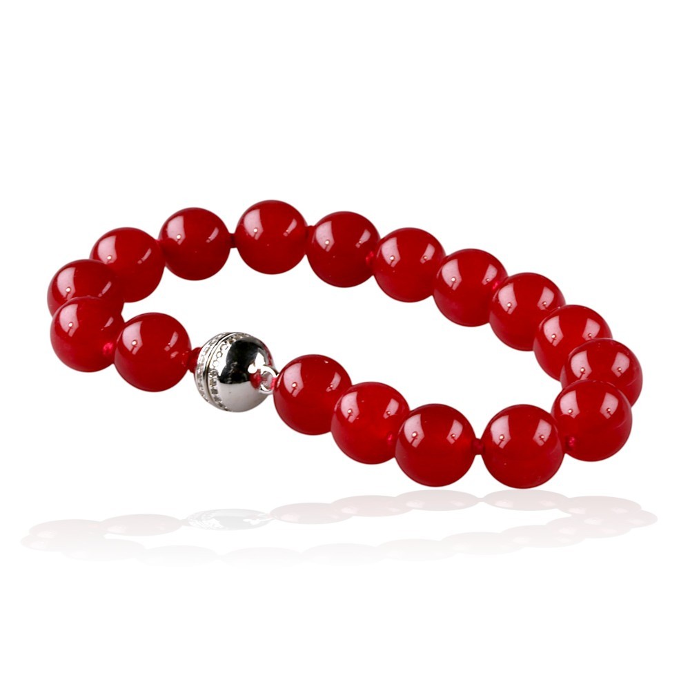 Red jadeite bead bracelet with sterling silver magnetic ball clasp