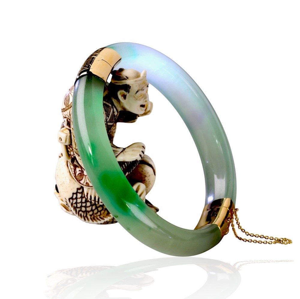 14K Gold Imperial Jade Hinged Bangle, 56mm Inner Diameter