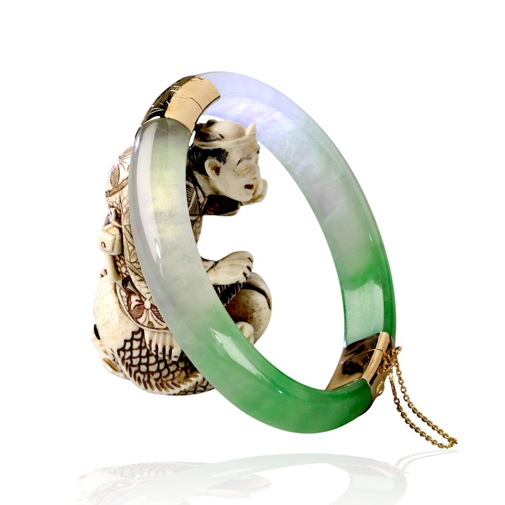 14K Gold Imperial Jade Open Bangle Bracelet, 56mm Inner Diameter
