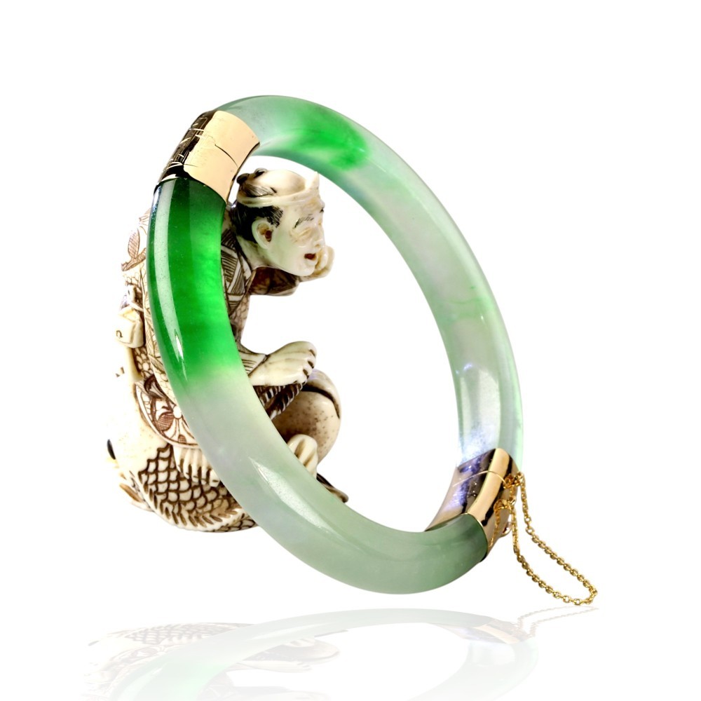 14K Gold Imperial Jade Hinged Bangle, 57mm Inner Diameter