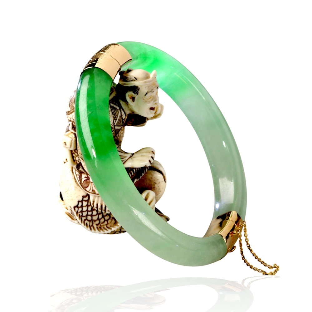 14K Gold Imperial Jade Hinged Bangle, 59mm Inner Diameter