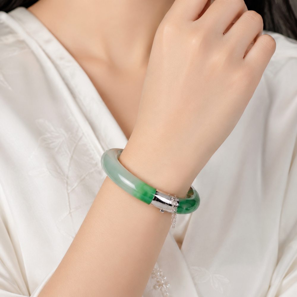 925 Sterling Silver Imperial Green Jade Bangle, 58mm Inner Diameter