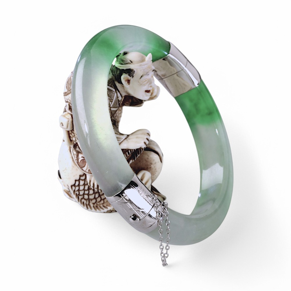 925 Sterling Silver Imperial Green Jade Bangle, 58mm Inner Diameter