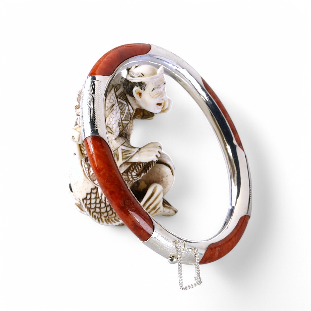 925 Sterling Silver Red Jade Bangle, 56mm Inner Diameter