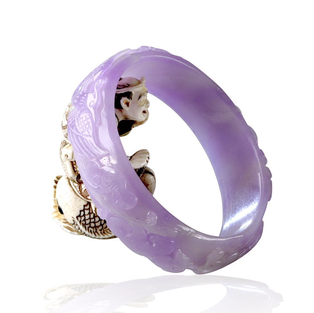 Premium Carved Lavender Jade Bangle - 60mm Inner Diameter